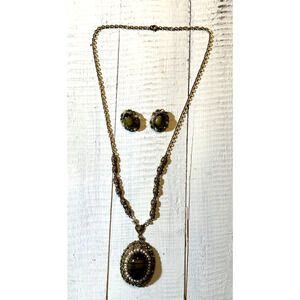 Vintage West Germany Porphyry Glass Crystal Filigree Necklace & Earrings Set